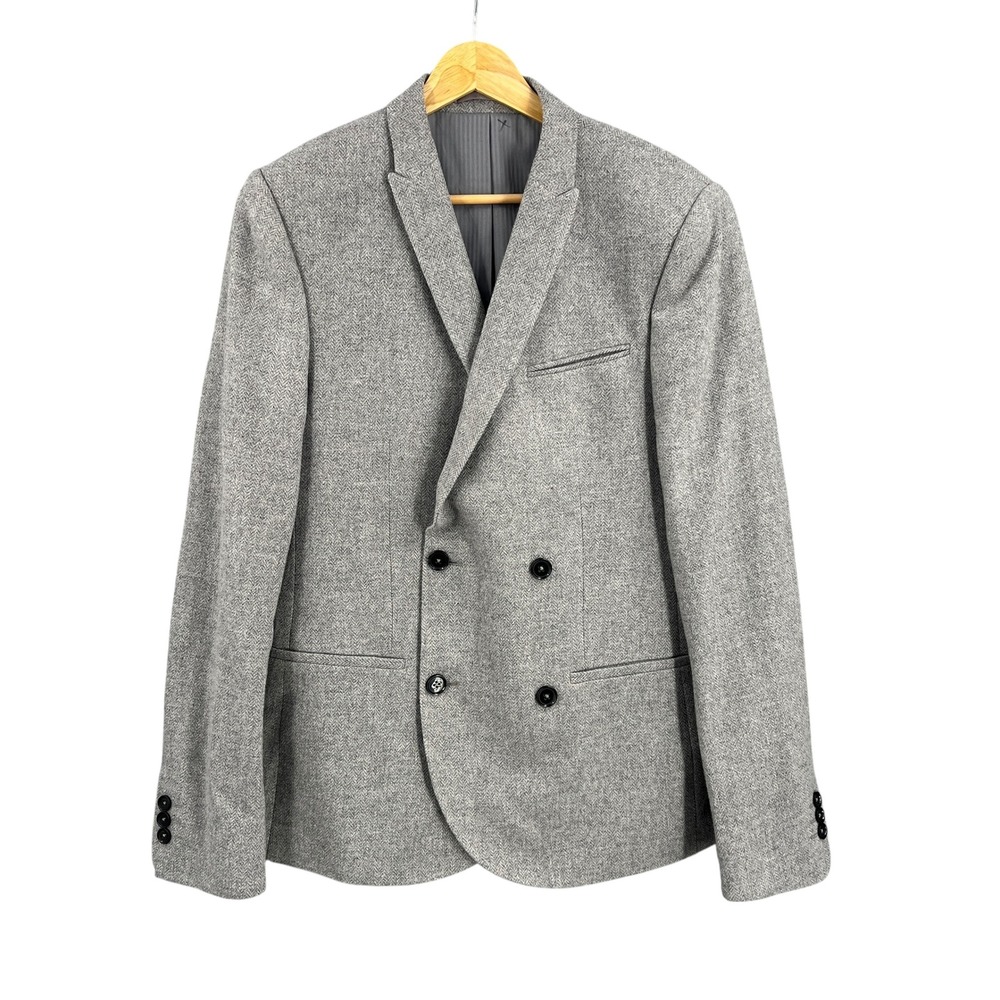 NOAK Sol Blazer Mens 36R Gray Wool‎ Blend Double Breasted Slim Fit Sport Coat